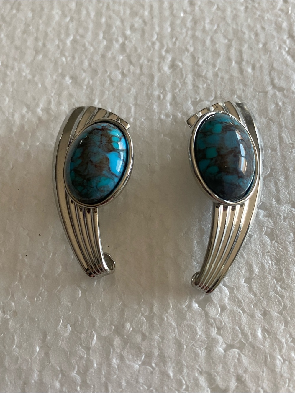 Turquoise Colored Stone Silver-Tone Clip Earrings - Women Jewelry